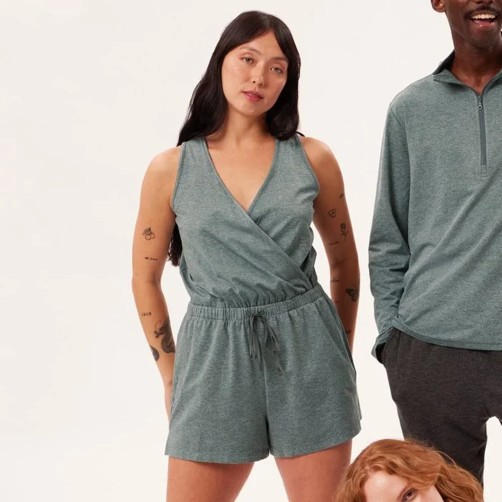Girlfriend Collective ReSet Wrap Romper Silver Pine Size Large - Picture 1 of 6
